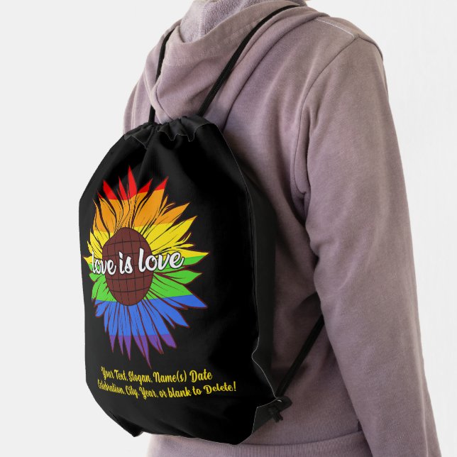 Add Your Text, Rainbow Sunflower Love Is Love Drawstring Bag (Insitu)