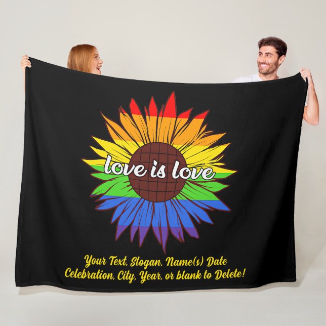 Add Your Text, Rainbow Sunflower Love Is Love  Fleece Blanket (In Situ)