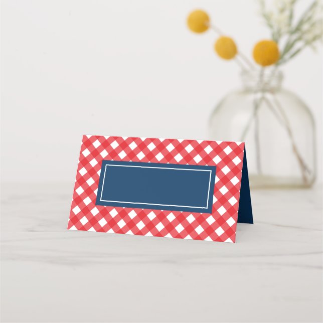 Add Your Text Red Gingham Pattern with Blue Place Card (Front)