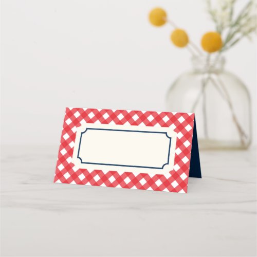 Add Your Text Red Gingham with Blue Border Place Card