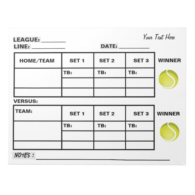 Add Your Text Tennis Score Pad Tennis Score Sheets (Front)