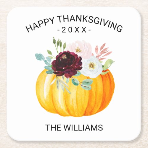 Add Your Text Thanksgiving Floral Pumpkin Custom Square Paper Coaster