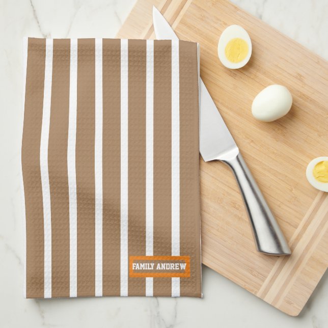 Add your text white brown stripes pattern stylish kitchen towel (Quarter Fold)