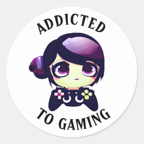 Addicted to Gaming  Cute Kawaii Girl Gamer Classic Round Sticker