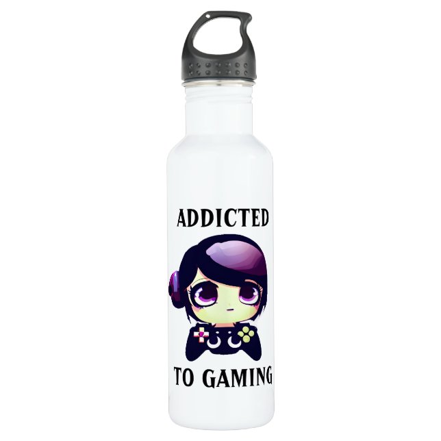 Addicted to Gaming Kawaii Girl Gamer Stainless Steel Water Bottle (Front)