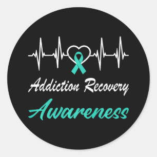 Addiction Recovery Awareness Heartbeat Love Teal R Classic Round Sticker