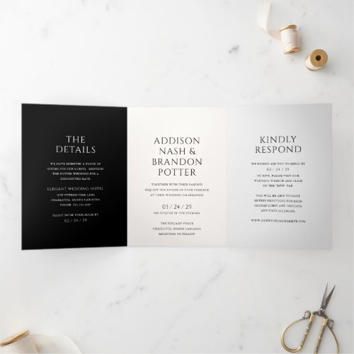 Addison Black White Gray Classic Elegant Wedding Tri_Fold Invitation