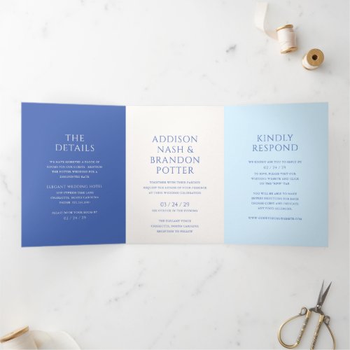 Addison Blue Classic Elegant Wedding Tri_Fold Invitation