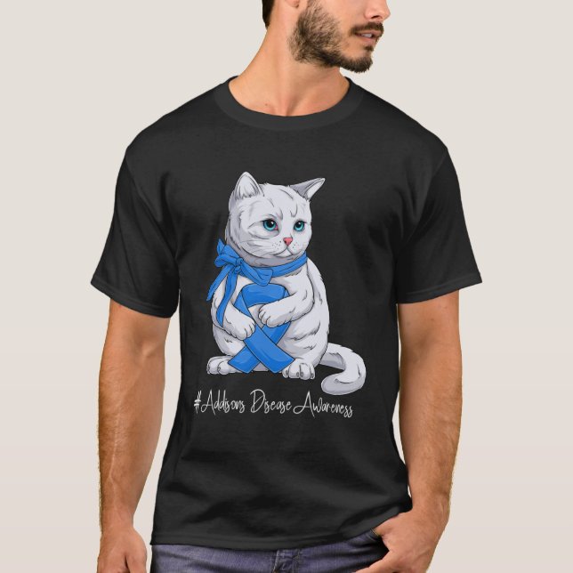 Addisons Disease Awareness Month Blue Ribbon Cat T-Shirt (Front)