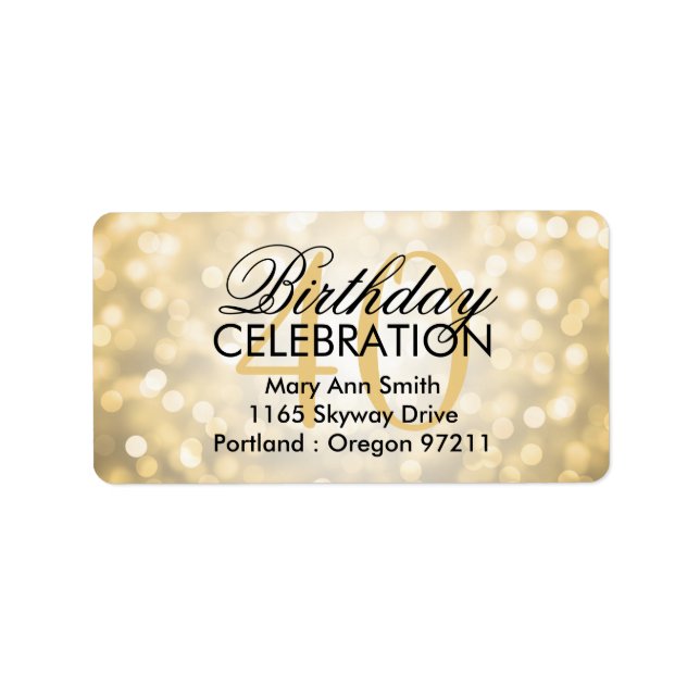 Address 40th Birthday Party Gold Glitter Lights Label (Front)