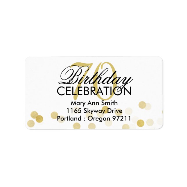 Address 70th Birthday Gold Foil Glitter Lights Label (Front)