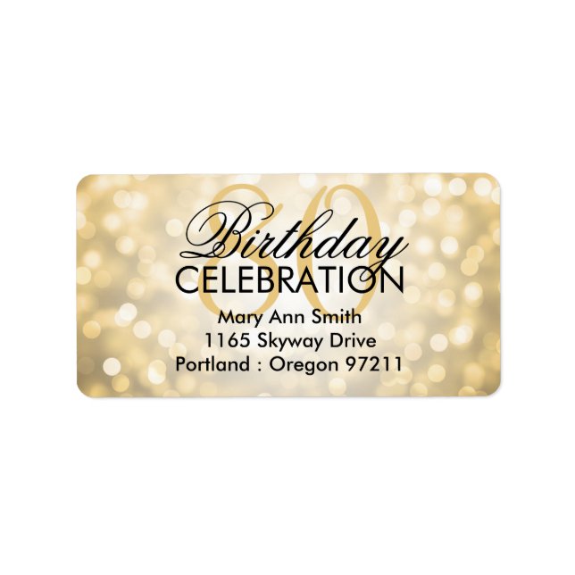 Address 80th Birthday Party Gold Glitter Lights Label (Front)