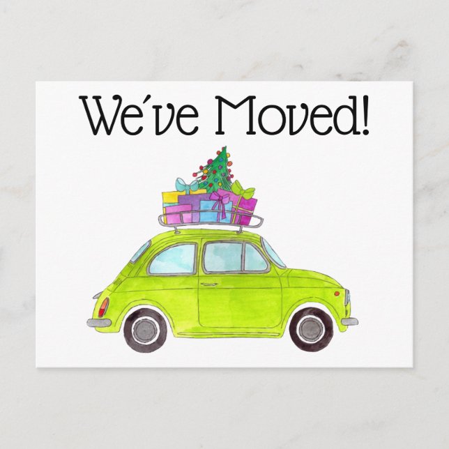 Address Announcement Green Car with Christmas Gift Postcard (Front)