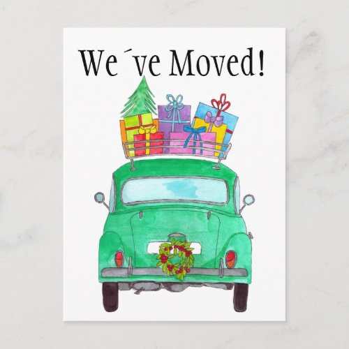 Address Announcement Green Car with Christmas Gift Postcard