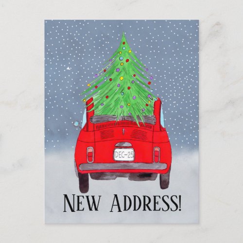 Address Announcement Red Car with Christmas Tree Postcard