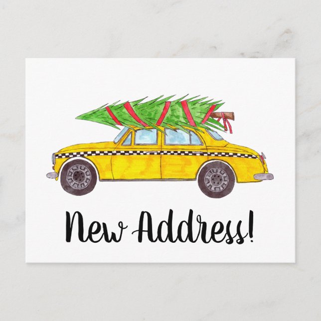 Address Announcement Yellow Taxi Christmas tree Postcard (Front)