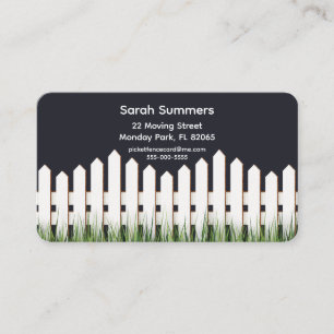 Address card with white picket fence and grass