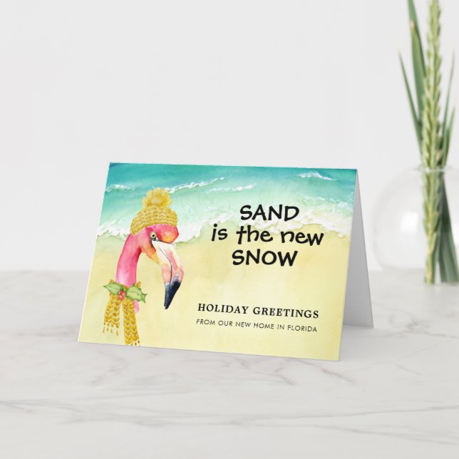 Address Change Sand is the New Snow Flamingo Beach Holiday Card (Front)