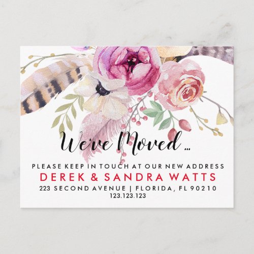 address floral feather roses pink weve moved announcement postcard