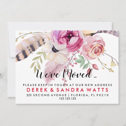 address floral feather roses pink weve moved invitation