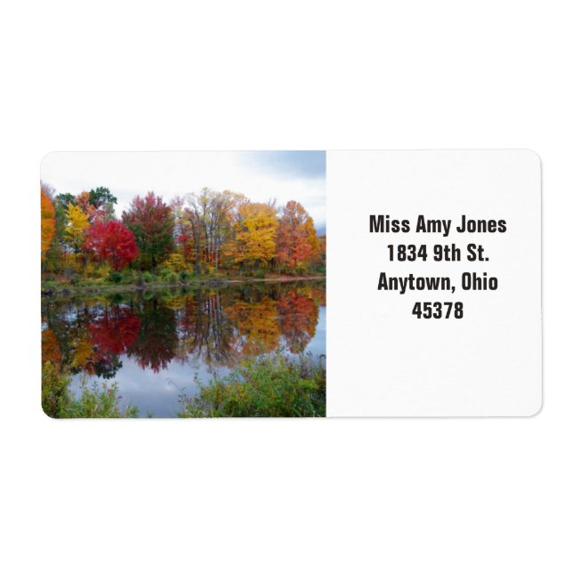 Address label, return, fall trees on water. label (Front)