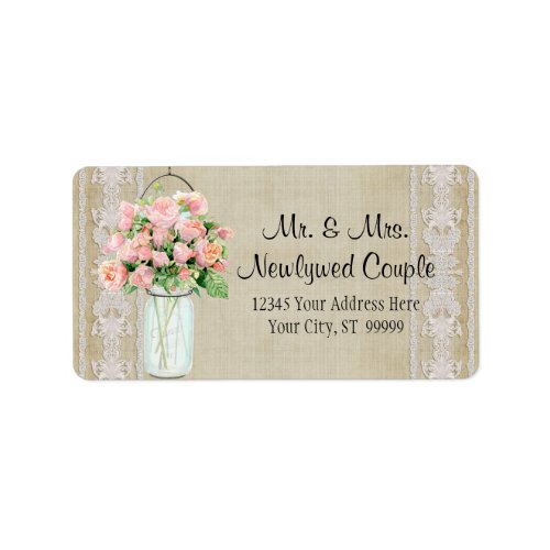 Address Rustic Country Mason Jar Blush Pink Roses Label