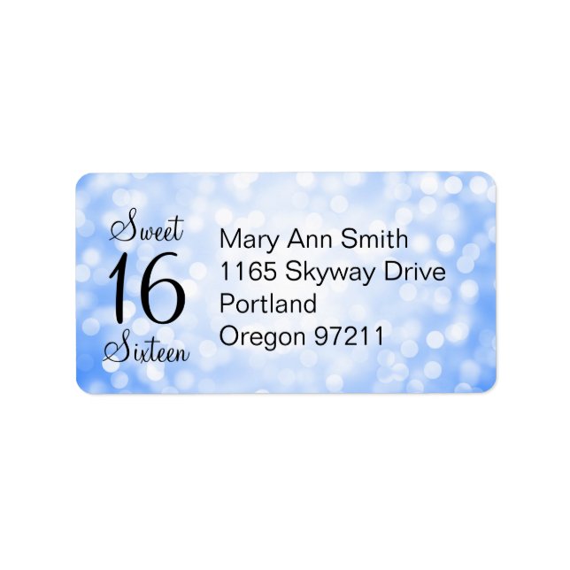 Address Sweet 16 Birthday Blue Glitter Lights Label (Front)
