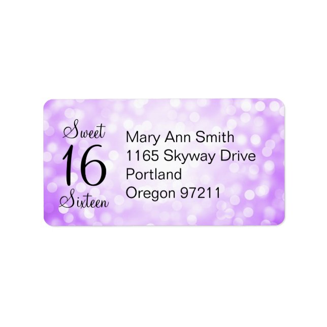 Address Sweet 16 Birthday Purple Glitter Lights Label (Front)