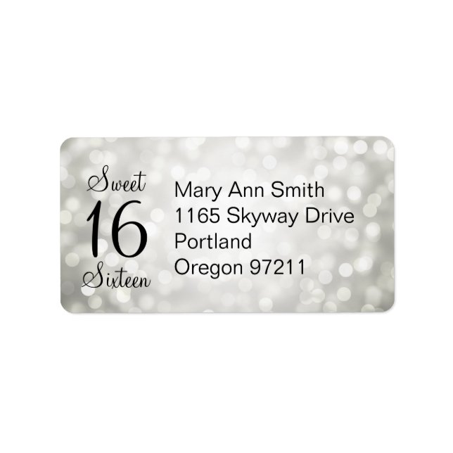Address Sweet 16 Birthday Silver Glitter Lights Label (Front)