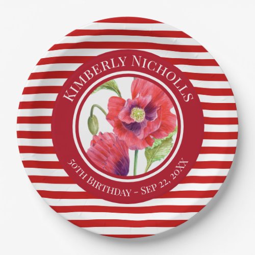 Address Vivid Red Poppies Floral Circle Stripes Paper Plates