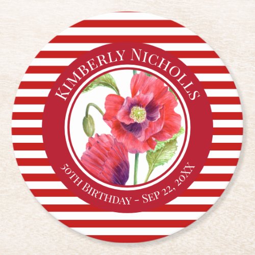 Address Vivid Red Poppies Floral Circle Stripes Round Paper Coaster