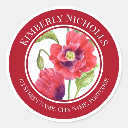 Address Vivid Red Poppies Floral Watercolor Circle Classic Round Sticker