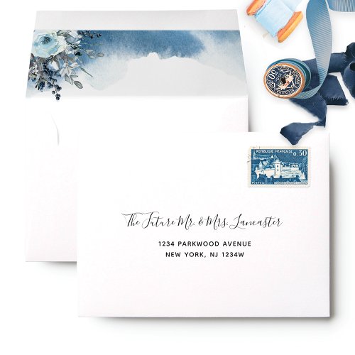 Addressed RSVP Blue Watercolor and Floral Envelope