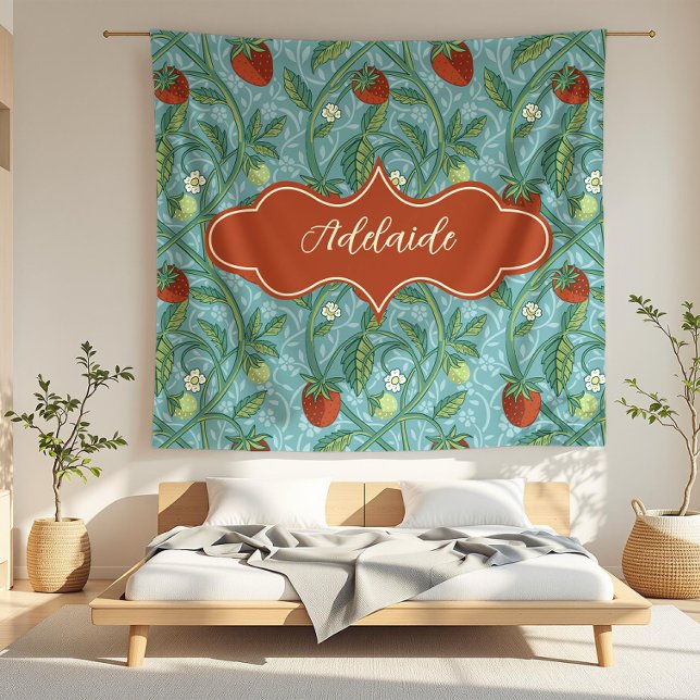 Adelaide Aqua Strawberry Vine Fleece Blanket (detail)