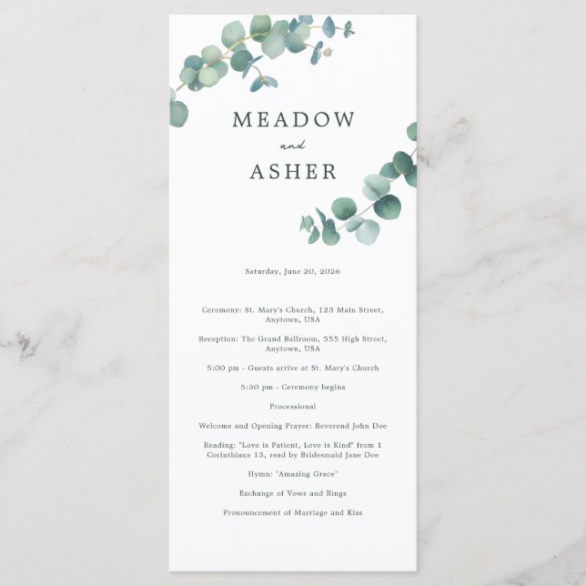 Adelaide Watercolor Eucalyptus Wedding Program (Front)