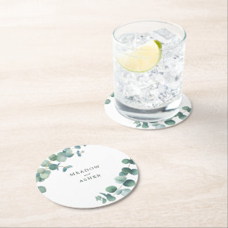 Adelaide Watercolor Eucalyptus Wedding Round Paper Coaster