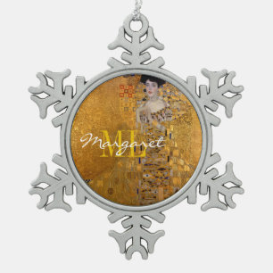 Adele, Lady in Gold by Gustav Klimt, Monogrammed Snowflake Pewter Christmas Ornament