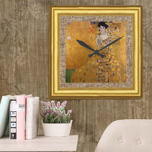 Adele, Lady in Gold, Gustav Klimt, burlap, Framed Square Wall Clock
