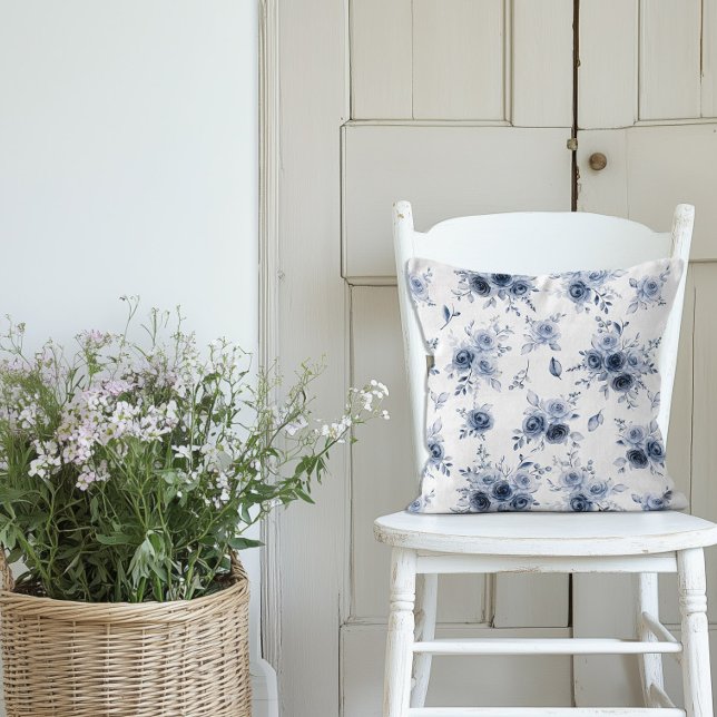 Adele Watercolor Blue Country Roses Throw Pillow (Adele Blue Roses Throw Pillow)