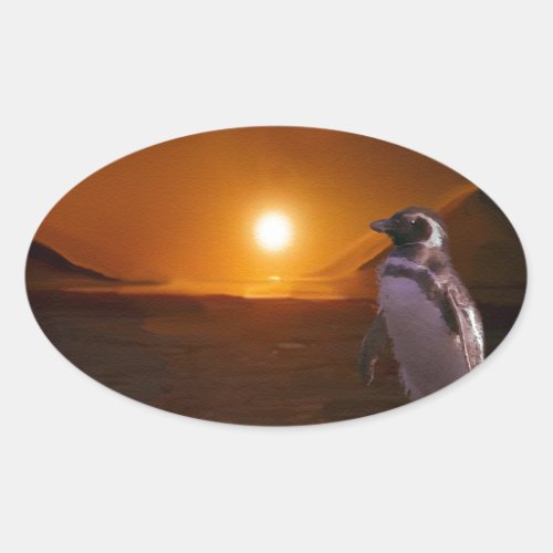 Adelie Penguin  Antarctic Sunset Oval Sticker