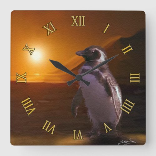 Adelie Penguin  Antarctic Sunset Square Wall Clock