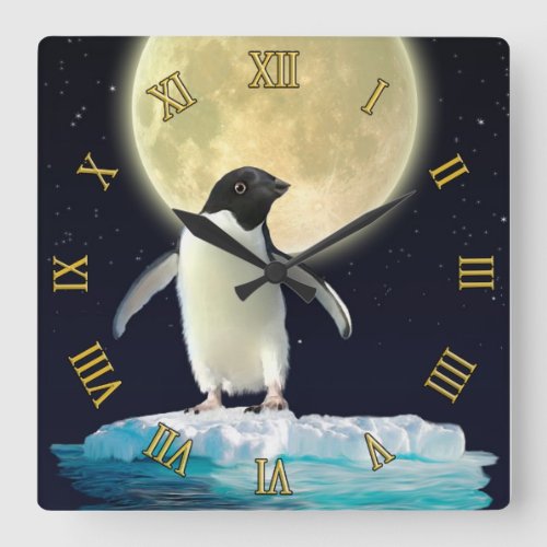 Adelie Penguin Ice Floe  Moon Wildlife Art Square Wall Clock