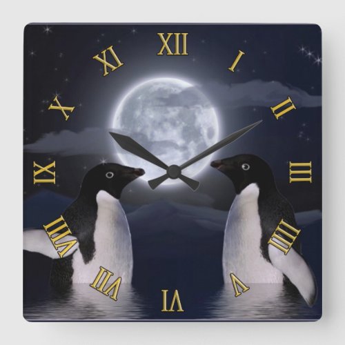 Adelie Penguins  Full Moon Wildlife Art Square Wall Clock