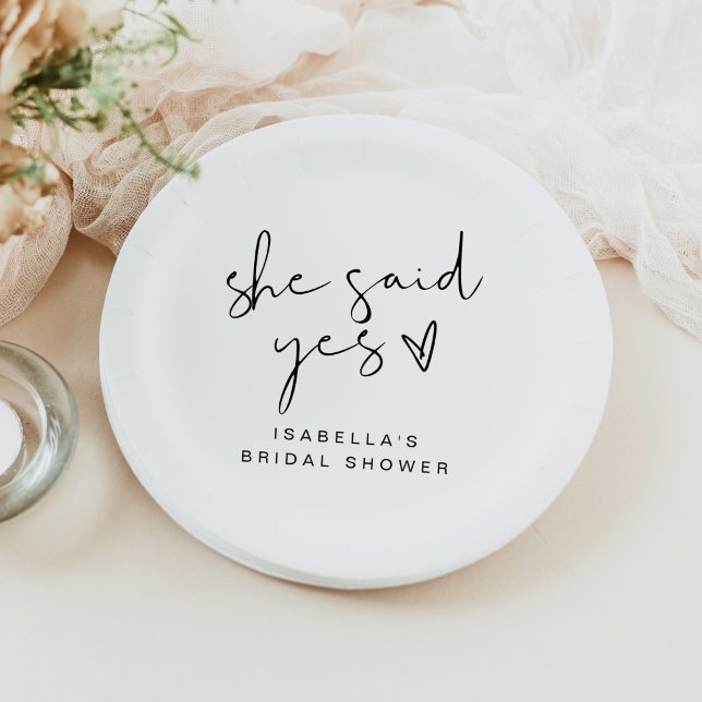 ADELLA Modern Minimal She Said Yes Bridal Shower Paper Plates (Creator Uploaded)