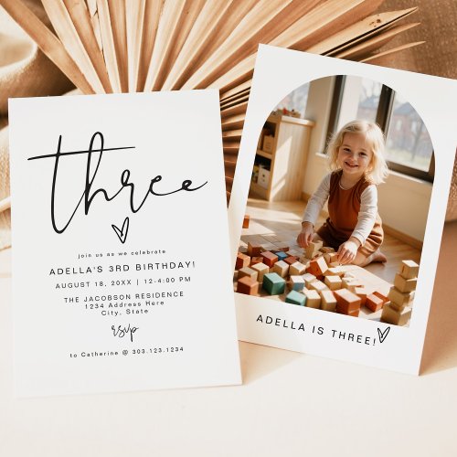 ADELLA Modern Minimalist Two Photo 3rd Birthday Invitation