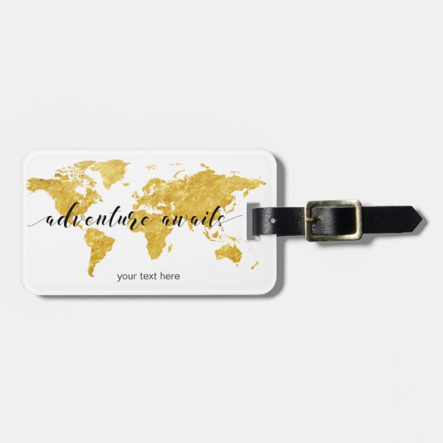 Adeventure awaits Gold World map Luggage Tag (Front Horizontal)