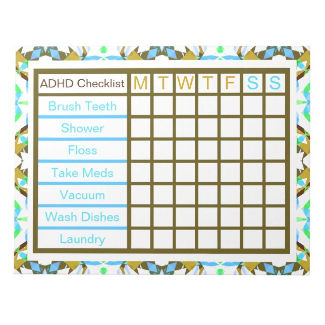 ADHD ADD Girl’s Women’s Weekly Checklist Reminder Notepad (Front)
