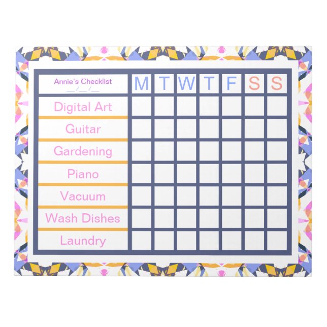 ADHD ADD Girl’s Women’s Weekly Checklist Reminder  Notepad (Front)