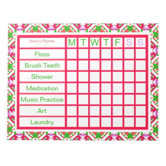 ADHD ADD Girl’s Women’s Weekly Checklist Reminder  Notepad (Front)
