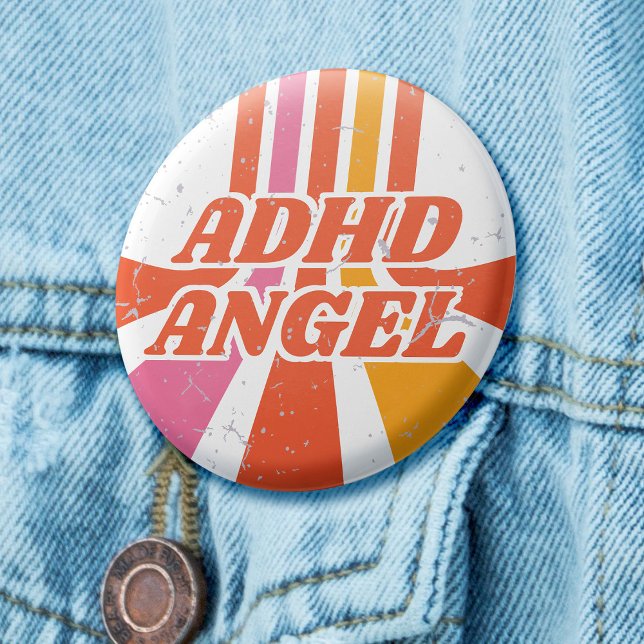 ADHD Angel Orange 70s Retro Mental Health Button (Retro 70s badge with orange and yellow lines, and the text 'ADHD Angel')